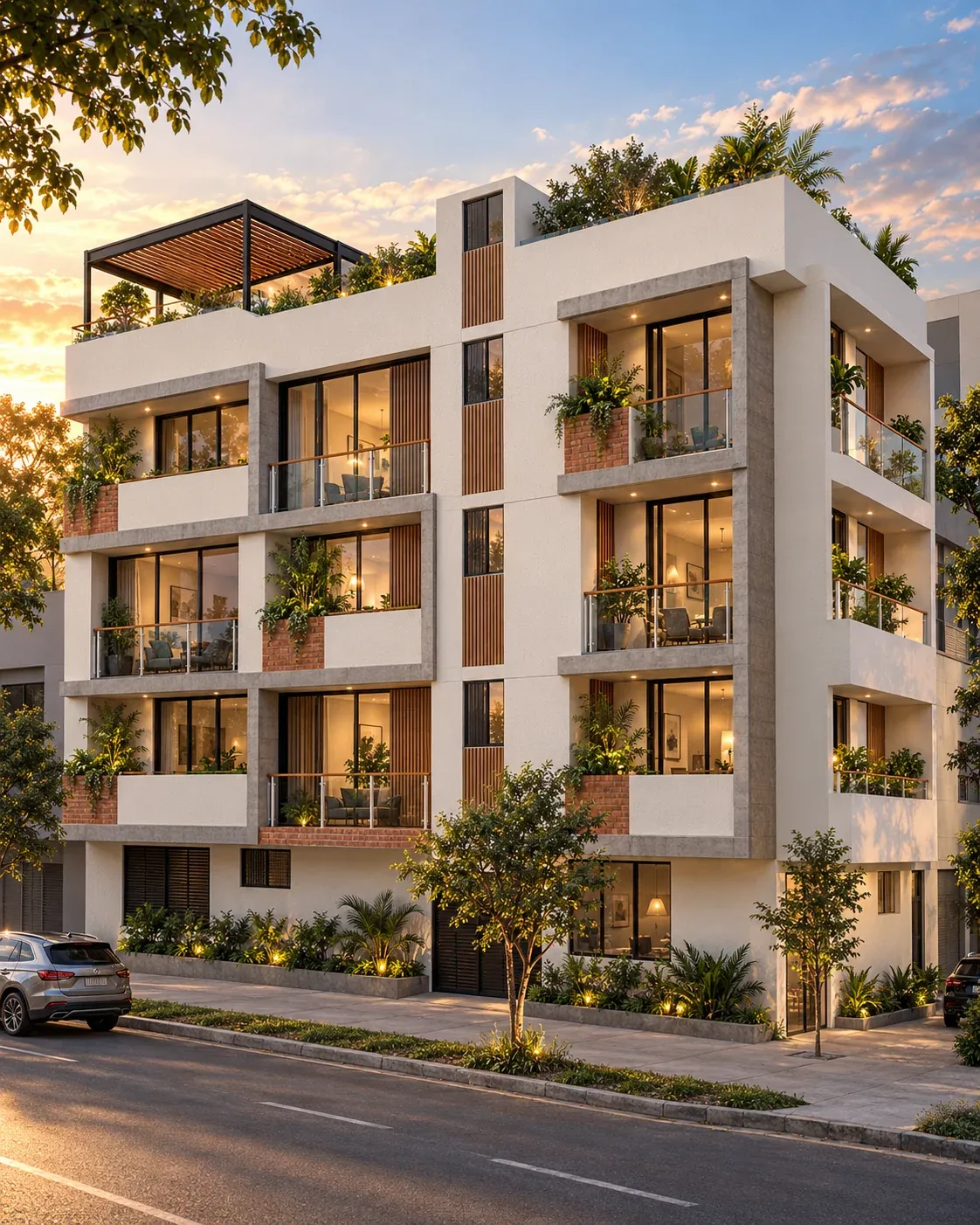 Render del edificio multifamiliar en esquina en Los Olivos: cuatro pisos blancos con balcones de vidrio, jardineras y azotea con pérgola, al atardecer.