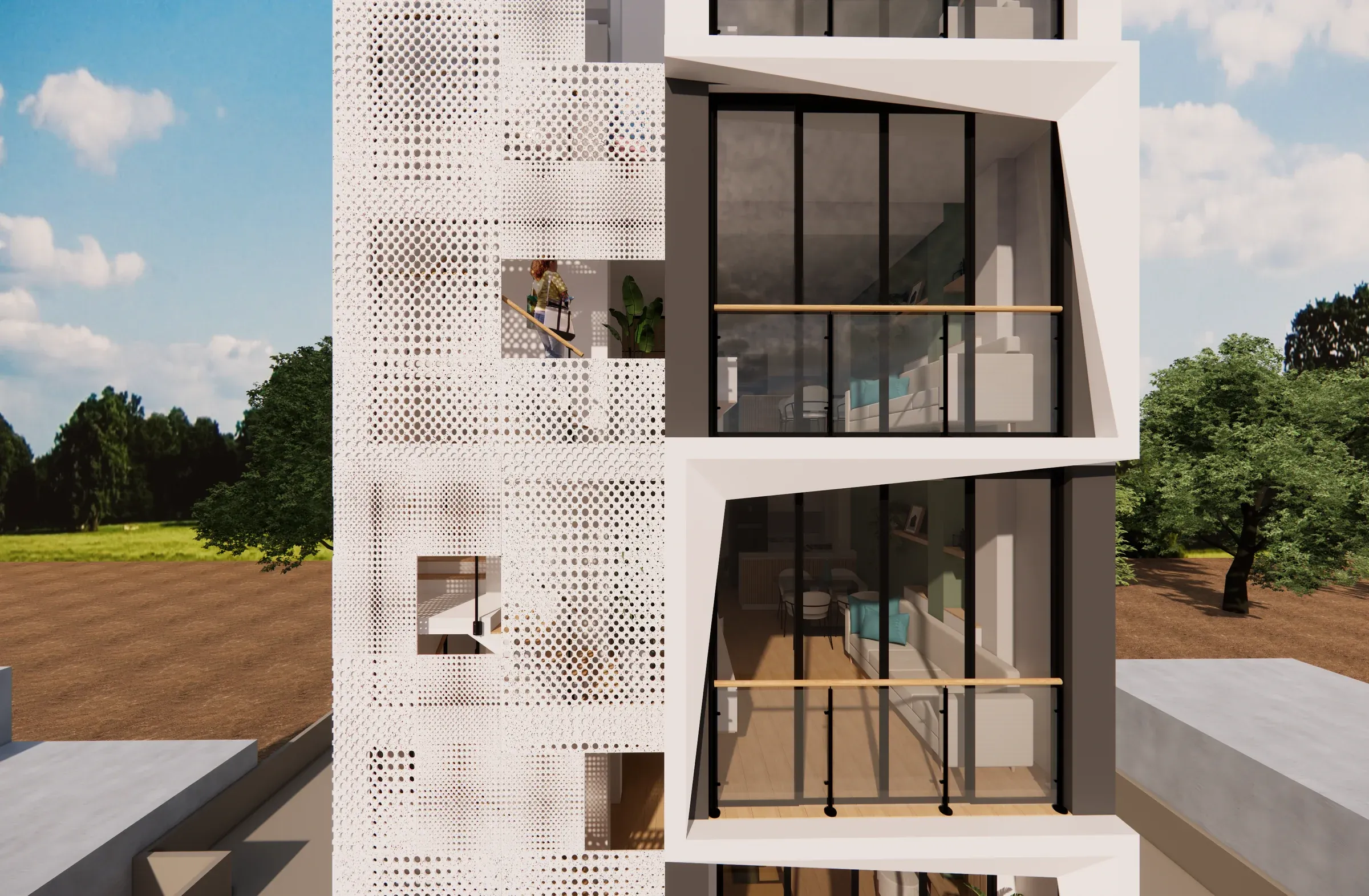 Multifamiliar Los Olivos · Vista 09. Propuestas de fachada en panel perforado