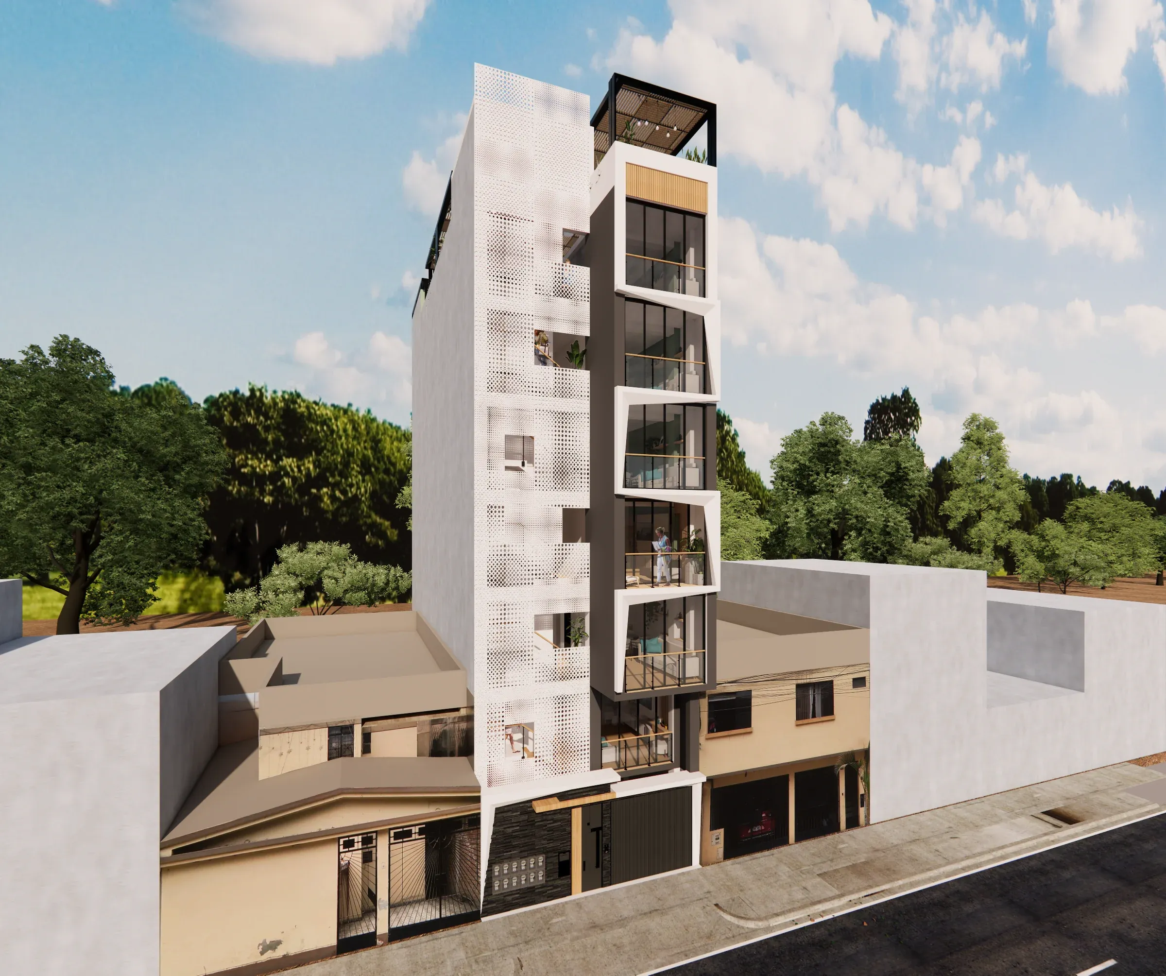 Multifamiliar Los Olivos · Vista 10. Propuestas de fachada en panel perforado