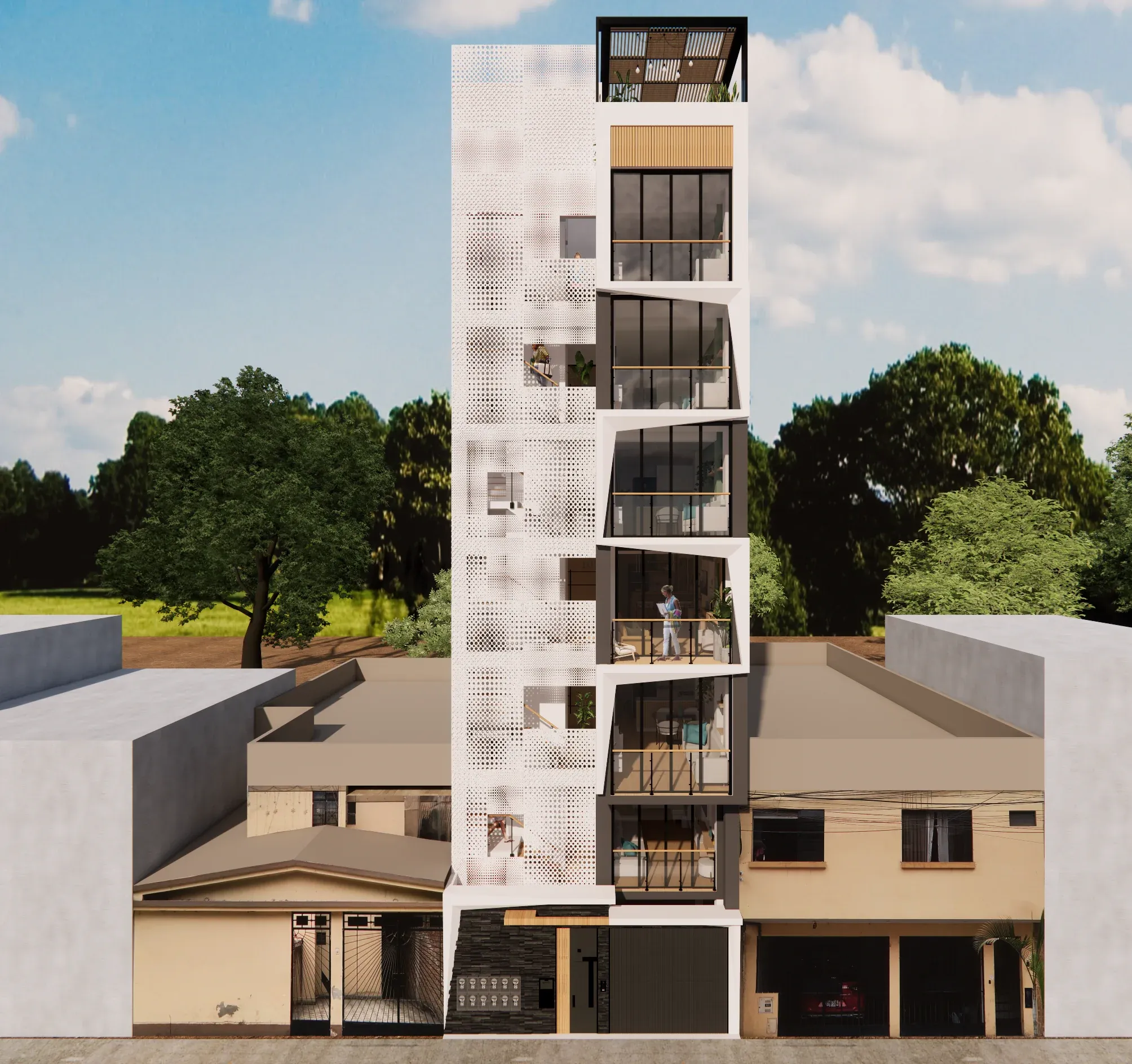 Multifamiliar Los Olivos · Vista 11. Propuestas de fachada en panel perforado