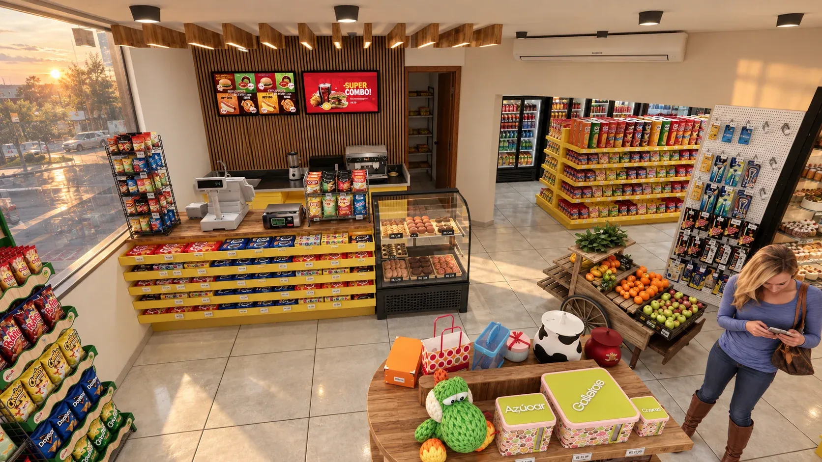 Minimarket Ali Xpres · Vista 12. Layout comercial, góndolas y exhibición