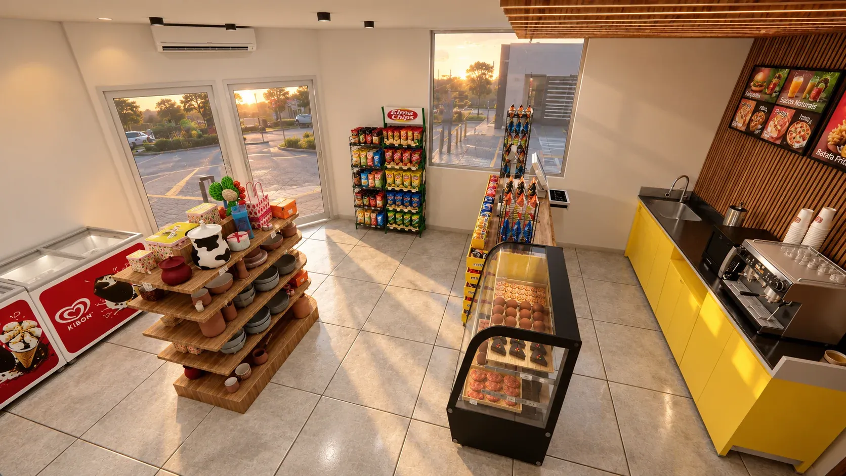 Minimarket Ali Xpres · Vista 14. Layout comercial, góndolas y exhibición