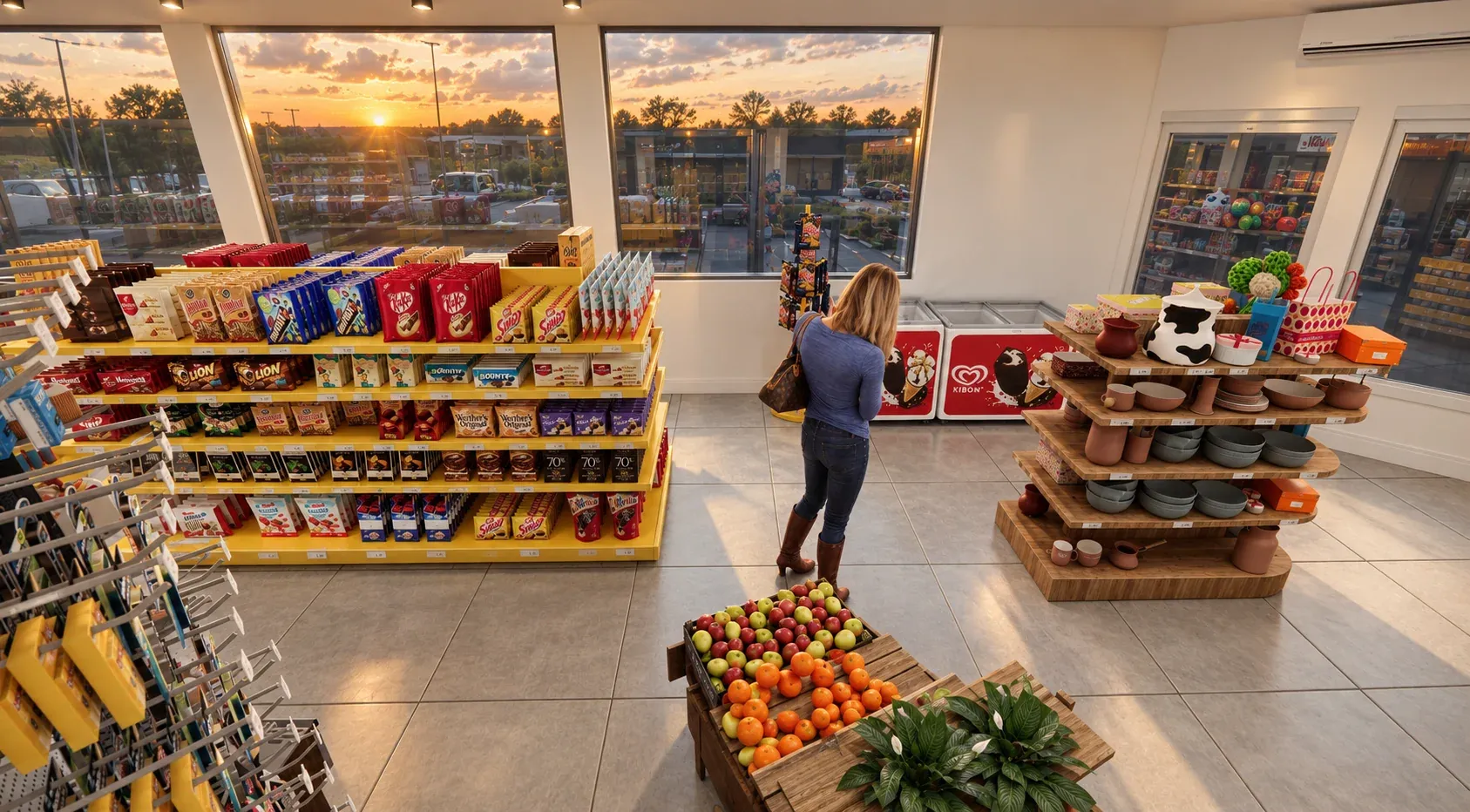 Minimarket Ali Xpres · Vista 15. Layout comercial, góndolas y exhibición
