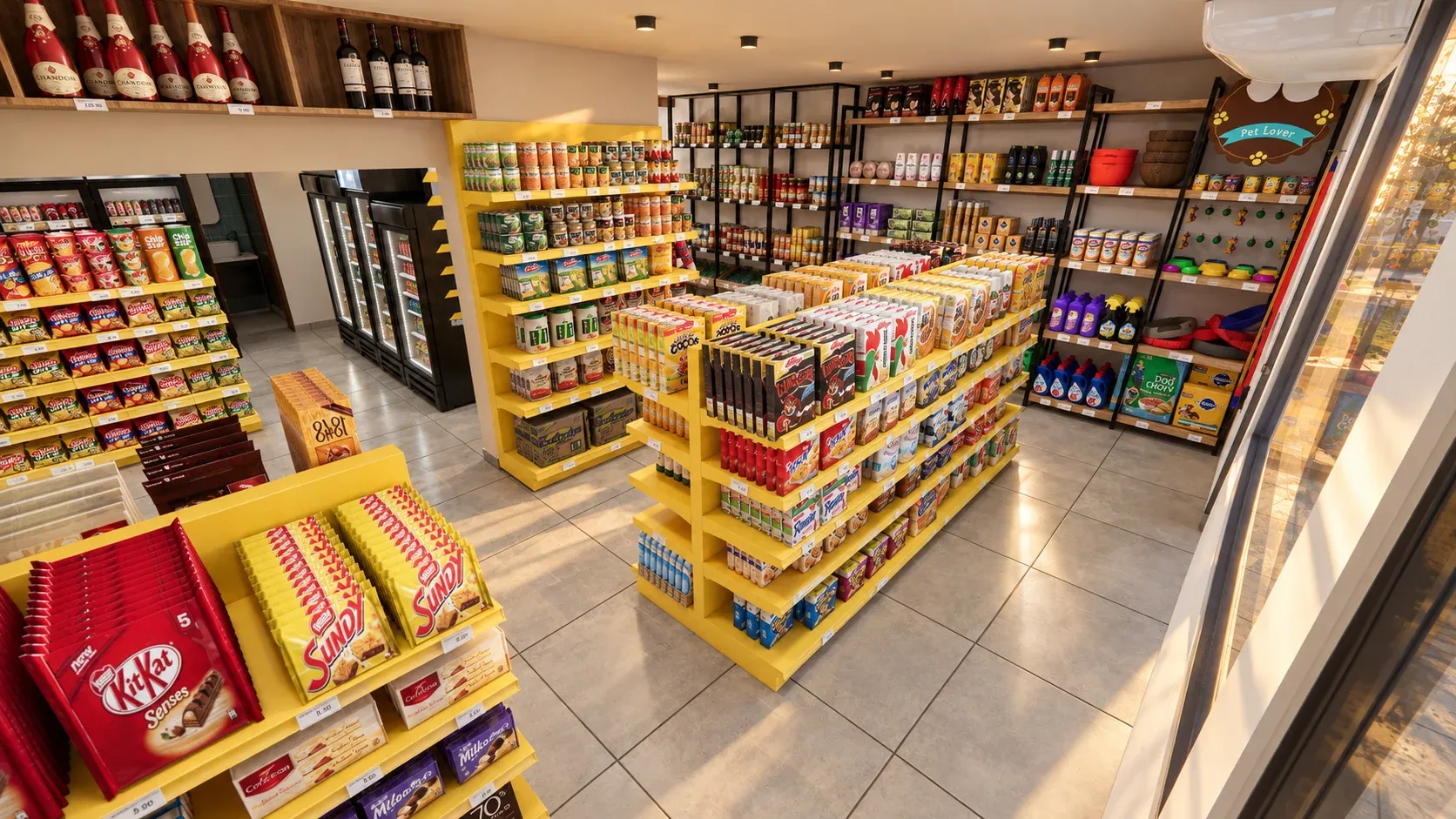 Minimarket Ali Xpres · Vista 20. Layout comercial, góndolas y exhibición