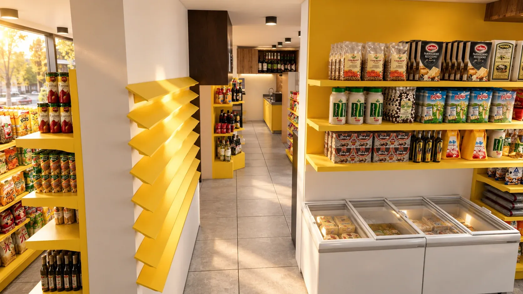 Minimarket Ali Xpres · Vista 25. Layout comercial, góndolas y exhibición