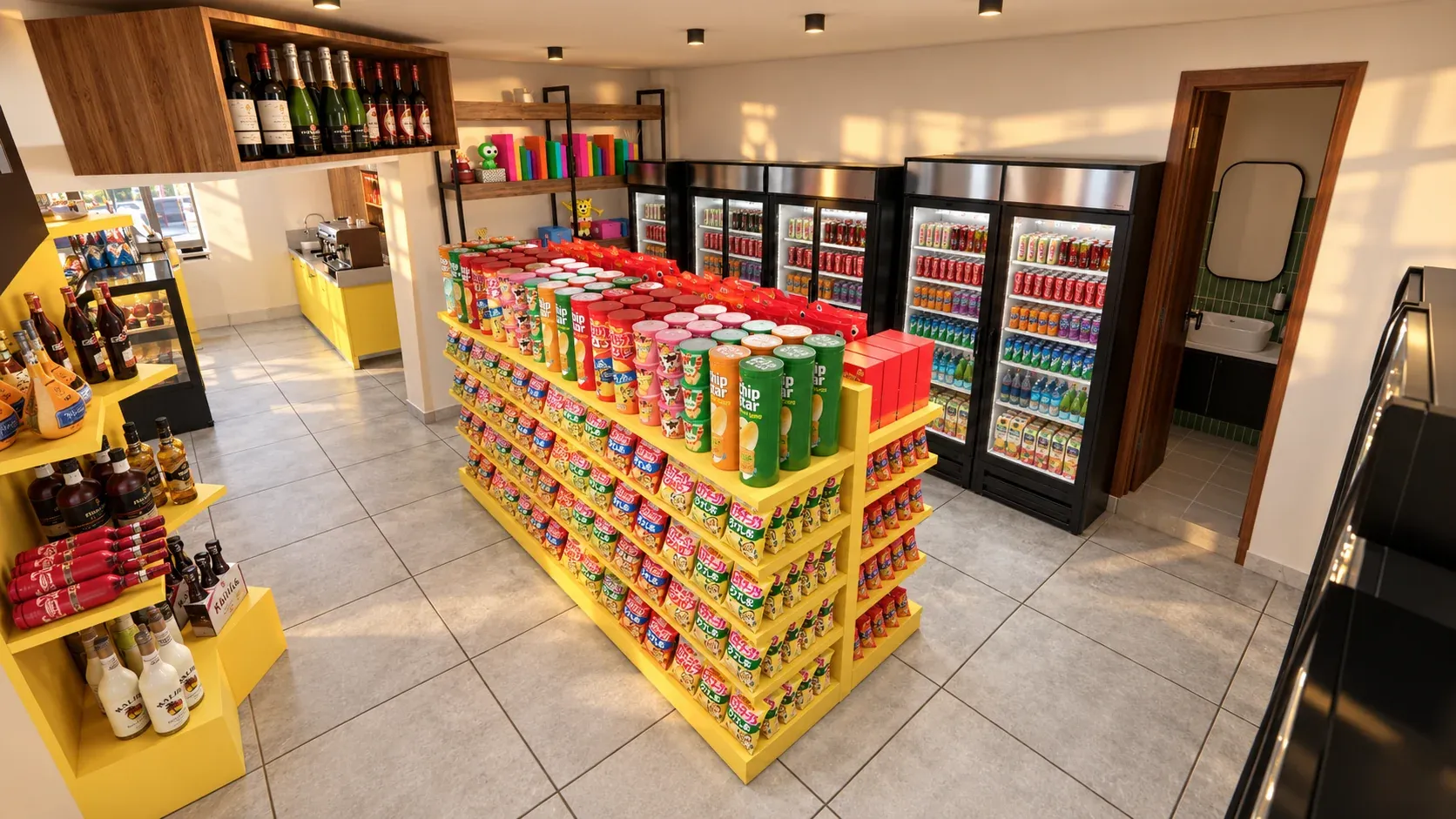 Minimarket Ali Xpres · Vista 27. Layout comercial, góndolas y exhibición