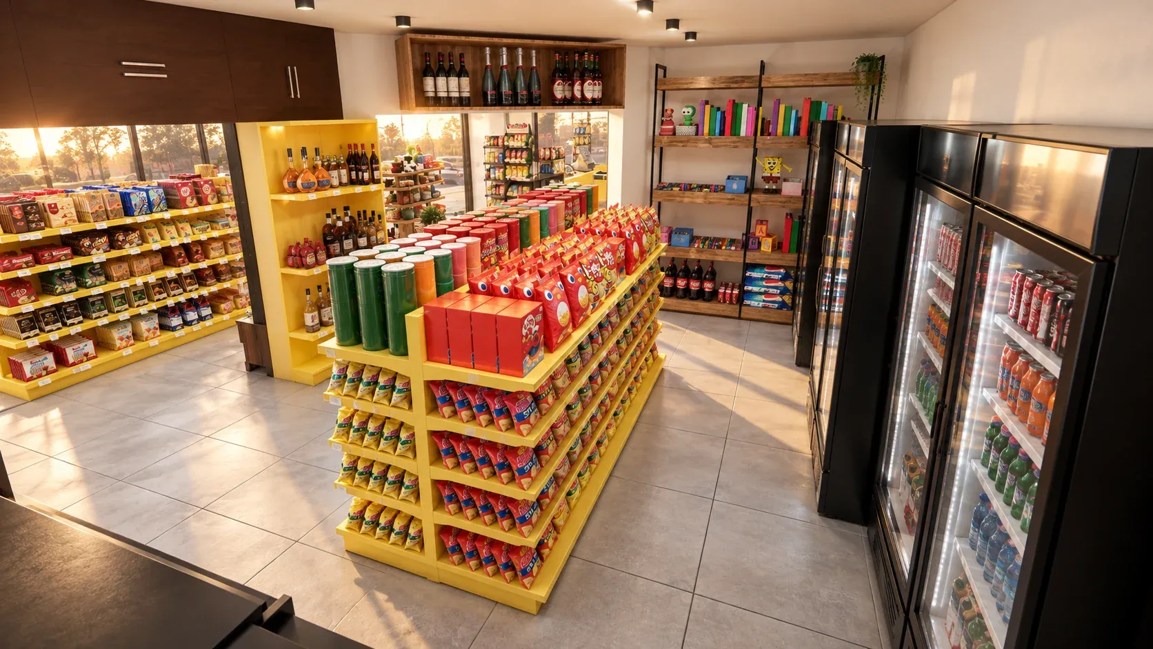 Minimarket Ali Xpres · Vista 28. Layout comercial, góndolas y exhibición