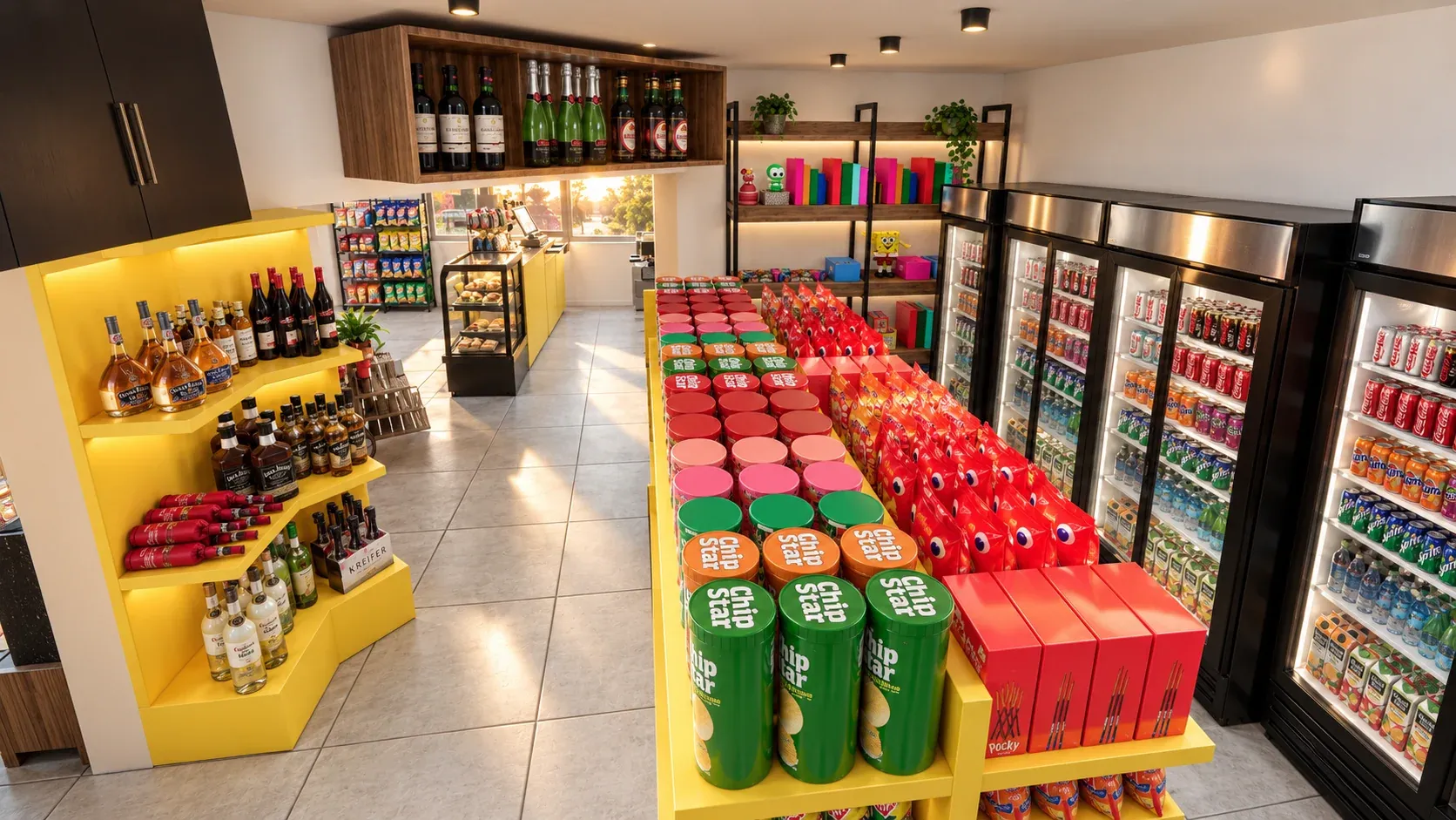 Minimarket Ali Xpres · Vista 35. Layout comercial, góndolas y exhibición