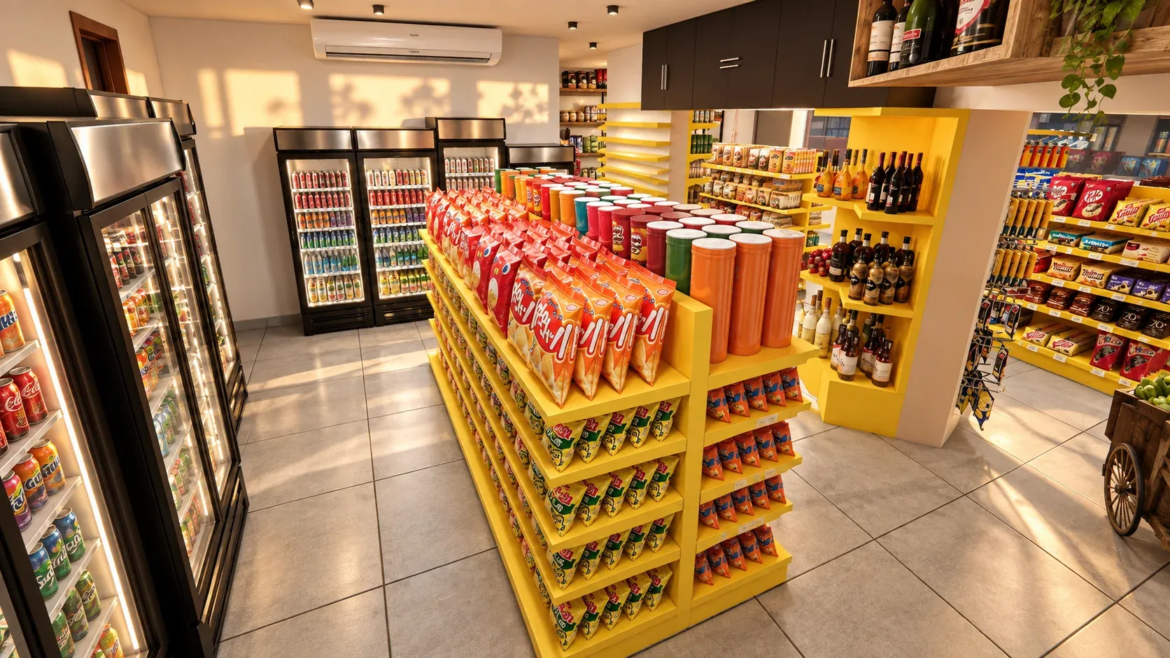 Minimarket Ali Xpres · Vista 36. Layout comercial, góndolas y exhibición