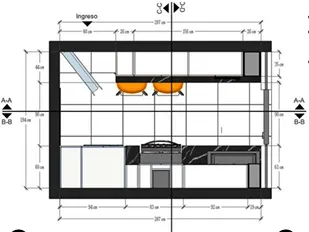 Planta acotada de la cocina con ubicación de muebles, isla y equipamiento