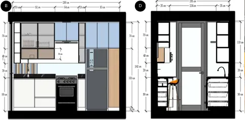 Elevaciones acotadas de los muebles de cocina con materiales indicados
