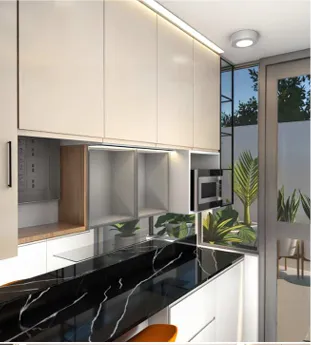 Render de la cocina remodelada: muebles altos en blanco, encimera de mármol negro, panel de madera y salida acristalada al patio