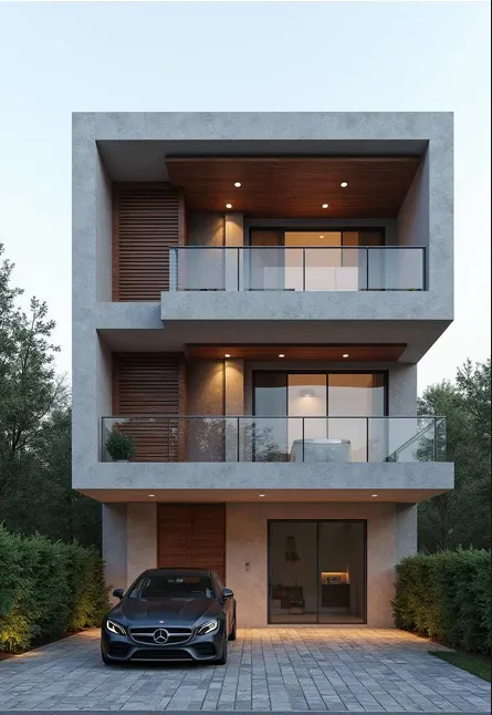 Vivienda de tres niveles en concreto y madera al anochecer, con balcones, barandas de vidrio y ventanales iluminados