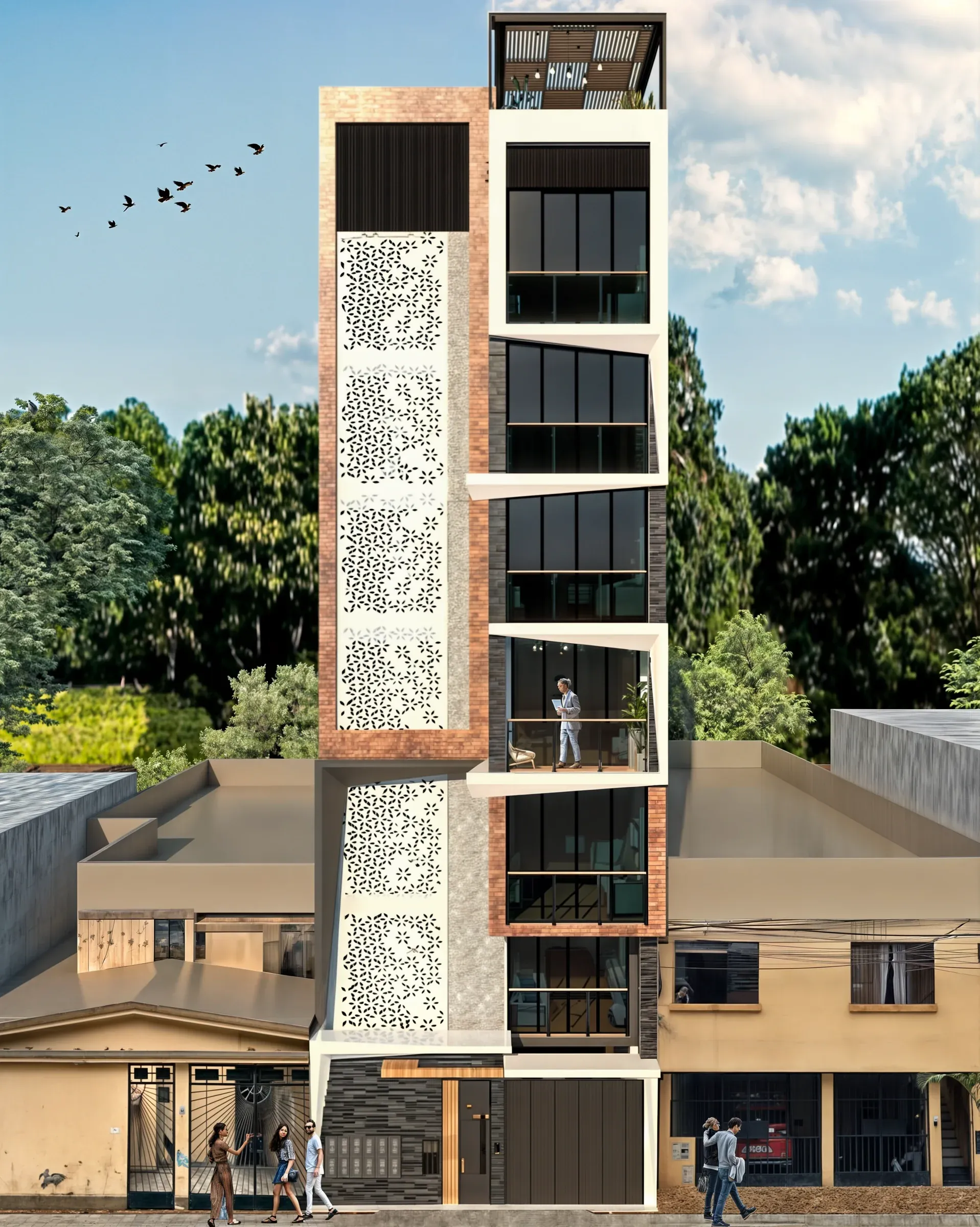 Multifamiliar Los Olivos · Vista 12. Propuestas de fachada en panel perforado
