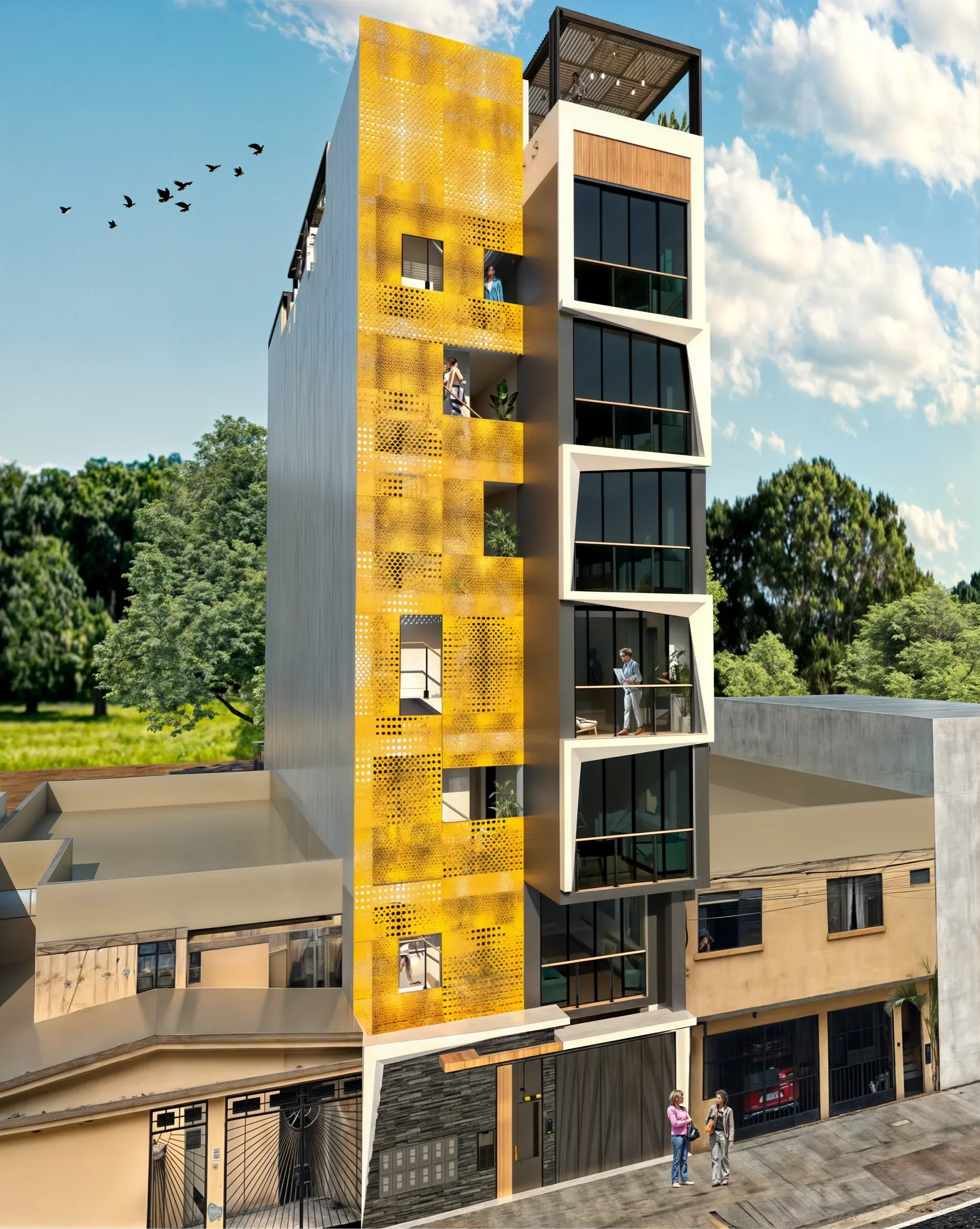 Multifamiliar Los Olivos · Vista 01. Propuestas de fachada en panel perforado