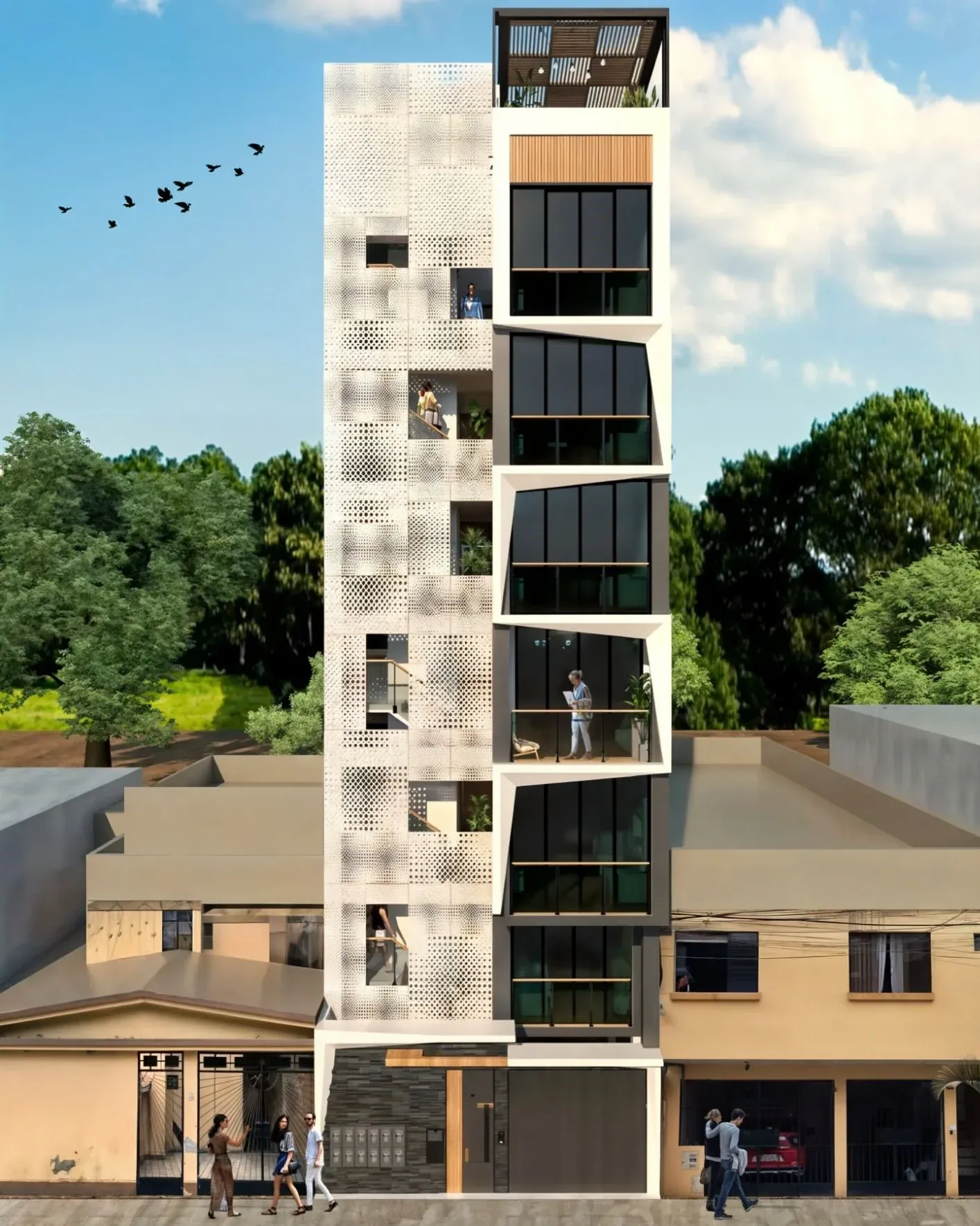 Render de la fachada con panel blanco.