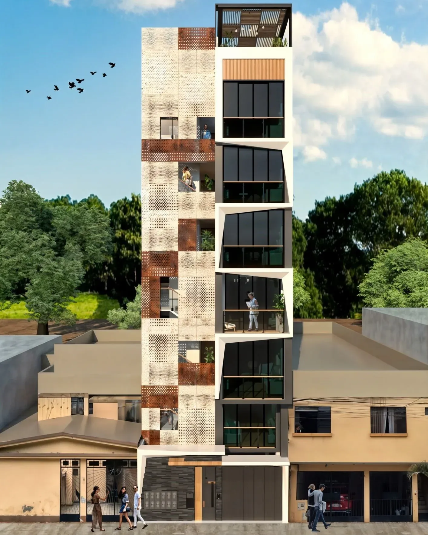 Render de la fachada con blanco y óxido.