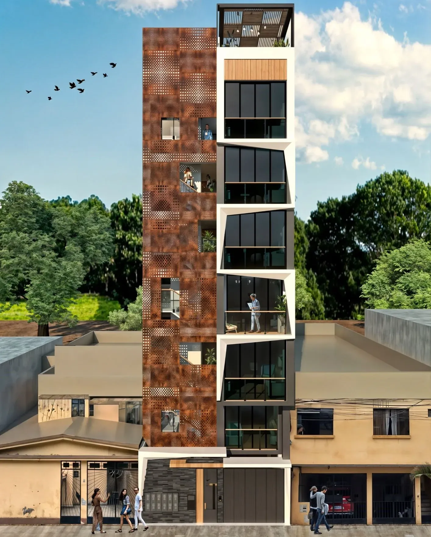 Render de la fachada con tono corten.